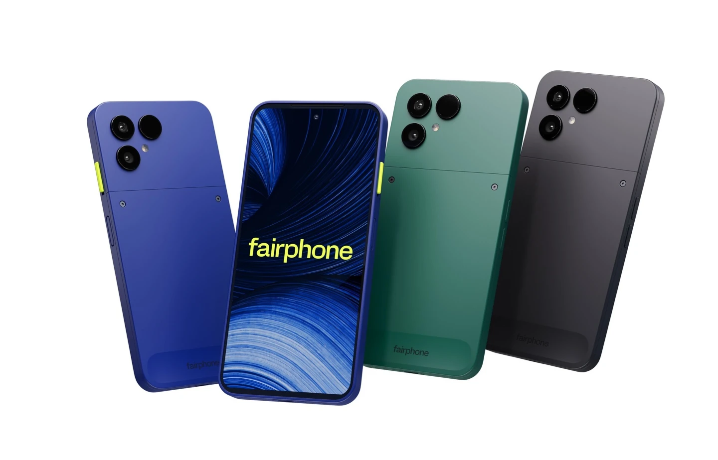 Fairphone 6+ in Cobalt Blue, Forest Green and Horizon Black