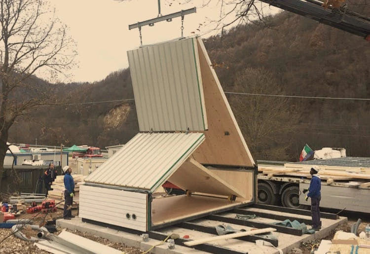 The prefabricated M.A.Di house is made up of folding modules that unfurl for easy construction on site