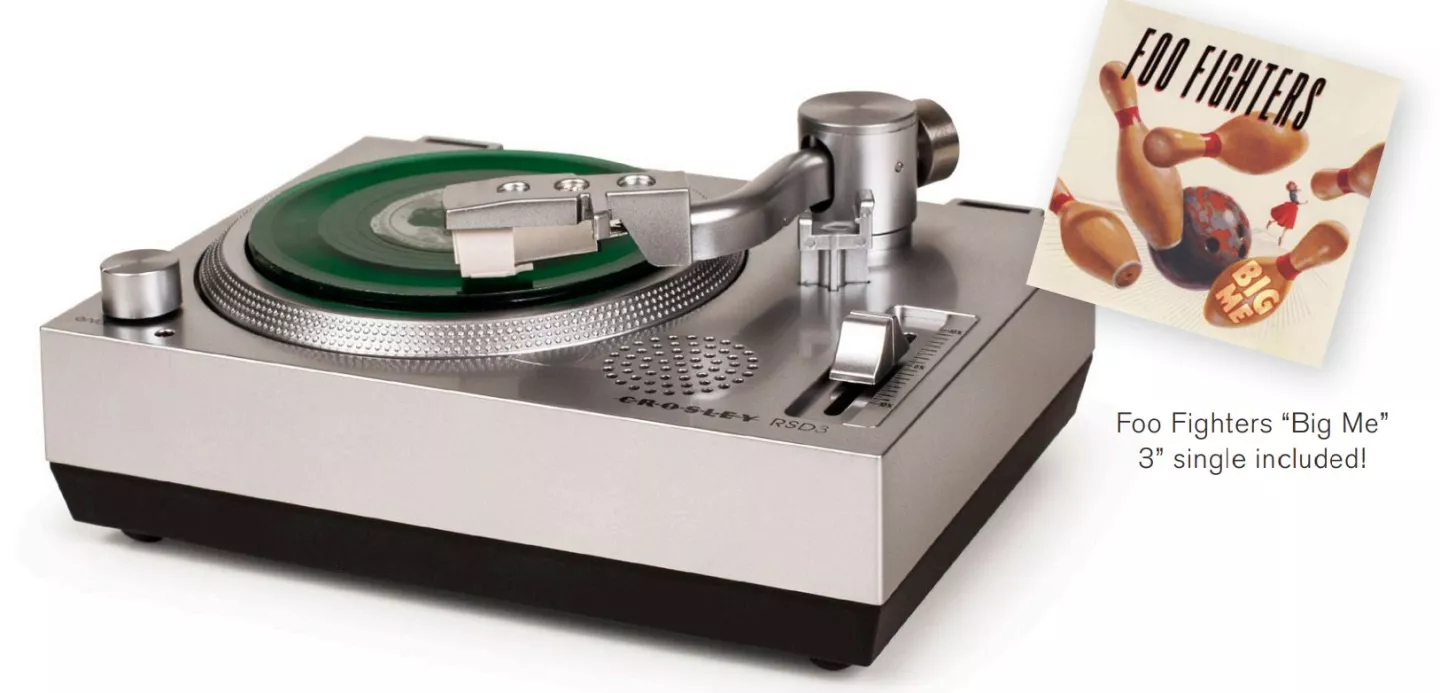 The RSD3 mini turntable will be released with a 3-inch vinyl record of Big Me by the Foo Fighters included