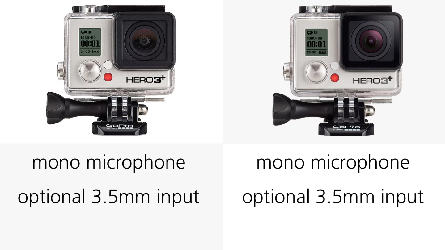GoPro Her3+ or Hero4 users can attach external stereo microphones via an optional 3.5 mm input
