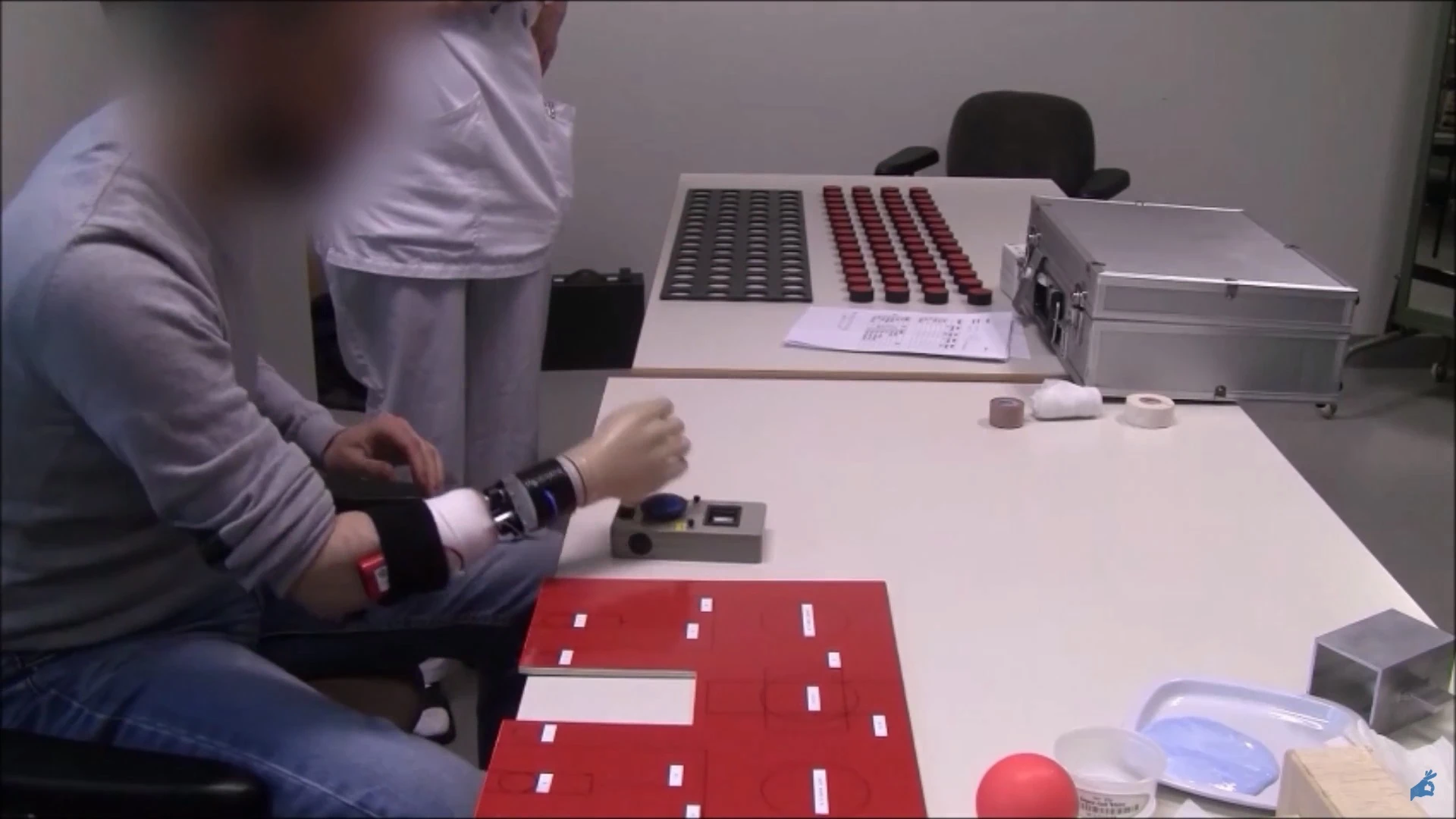 Artificial wrist and hand prosthesis seen during testing