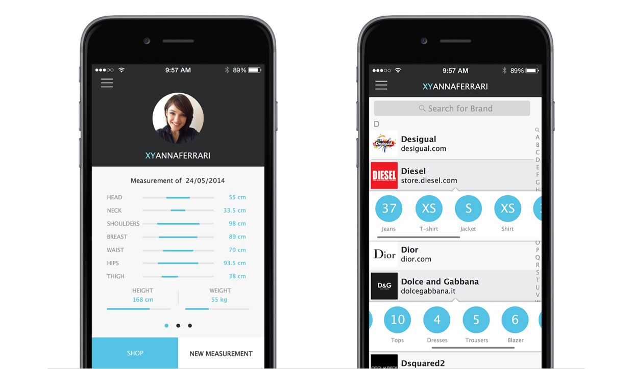 Data collected by On is shared with a companion iOS app over Bluetooth, which applies your body measurements to each clothing label's size charts to find you a snugly fitting garment