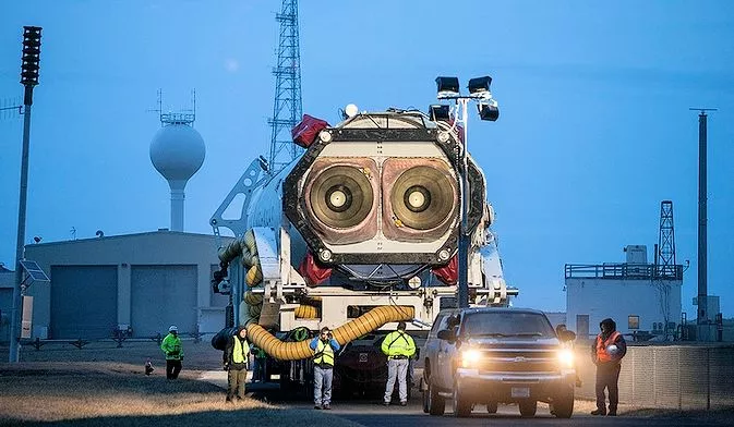 Tail view of the Antares launch vehicle, showing a clear view of the dual Aerojet AG26 engines (Photo: NASA)