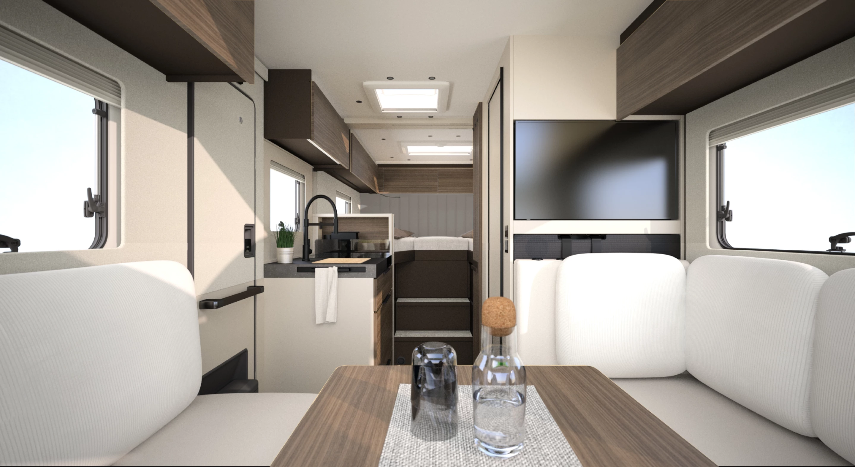 A look at the Signature floor plan; note the half wall between the kitchen and rear bedroom, designed to open the space up