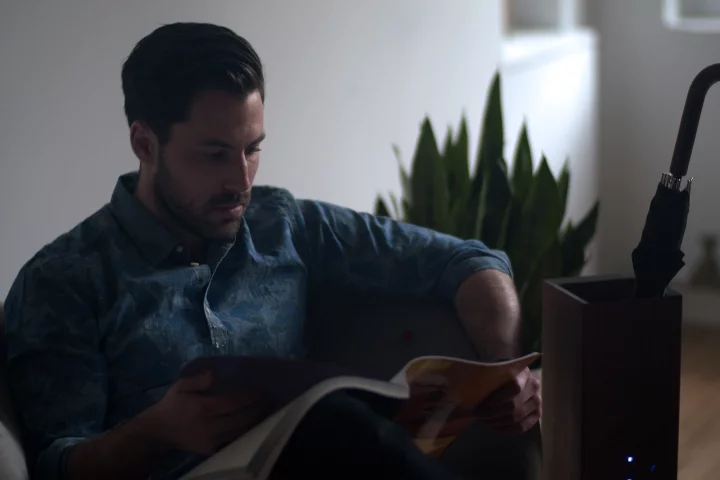 The Raincheck is a fairly traditional-looking umbrella stand, but has a row of eight LED lights down one side