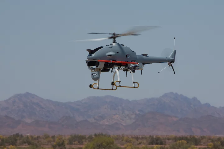 The Rotary-Bat (R-Bat) unmanned helicopter system conducts a flight test from Yuma Proving Grounds, Arizona (Photo: Northrop Grumman)