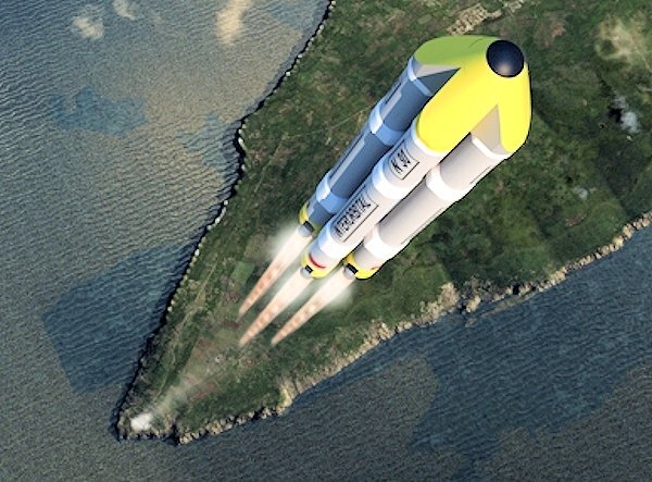 Artist's conception of the launch of a NEPTUNE30 rocket from the IOS spaceport in Tonga