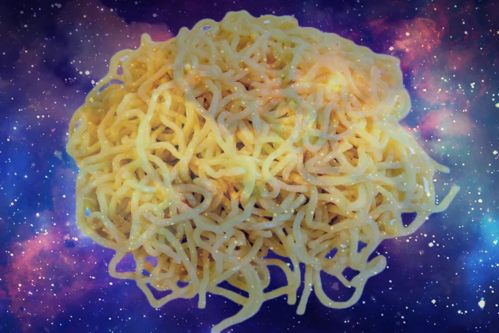 Collage of noodles overlaid space background