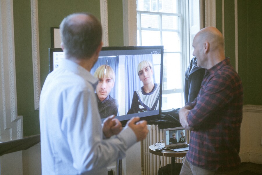 Co-founders Babitz and Scott Cohen video-conferencing with Neil Harbisson and Moon Ribas