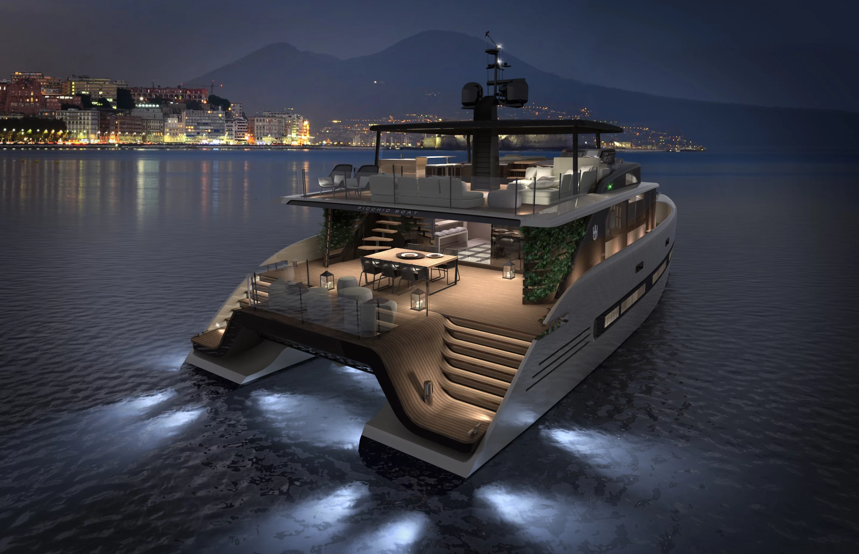 The Picchio Boat is a luxury catamaran concept with modern features throughout