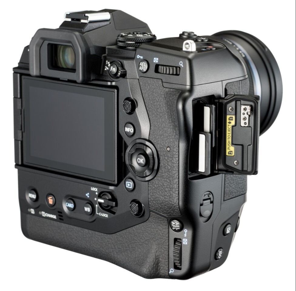 The OM-D E-M1X camera records to two UHS-II SD card slots, wireless transfer of photos to a computer can be undertaken over Wi-Fi, and users can expect up to 870 stills per 2 hour charge of its two Li-ion batteries over USB-C
