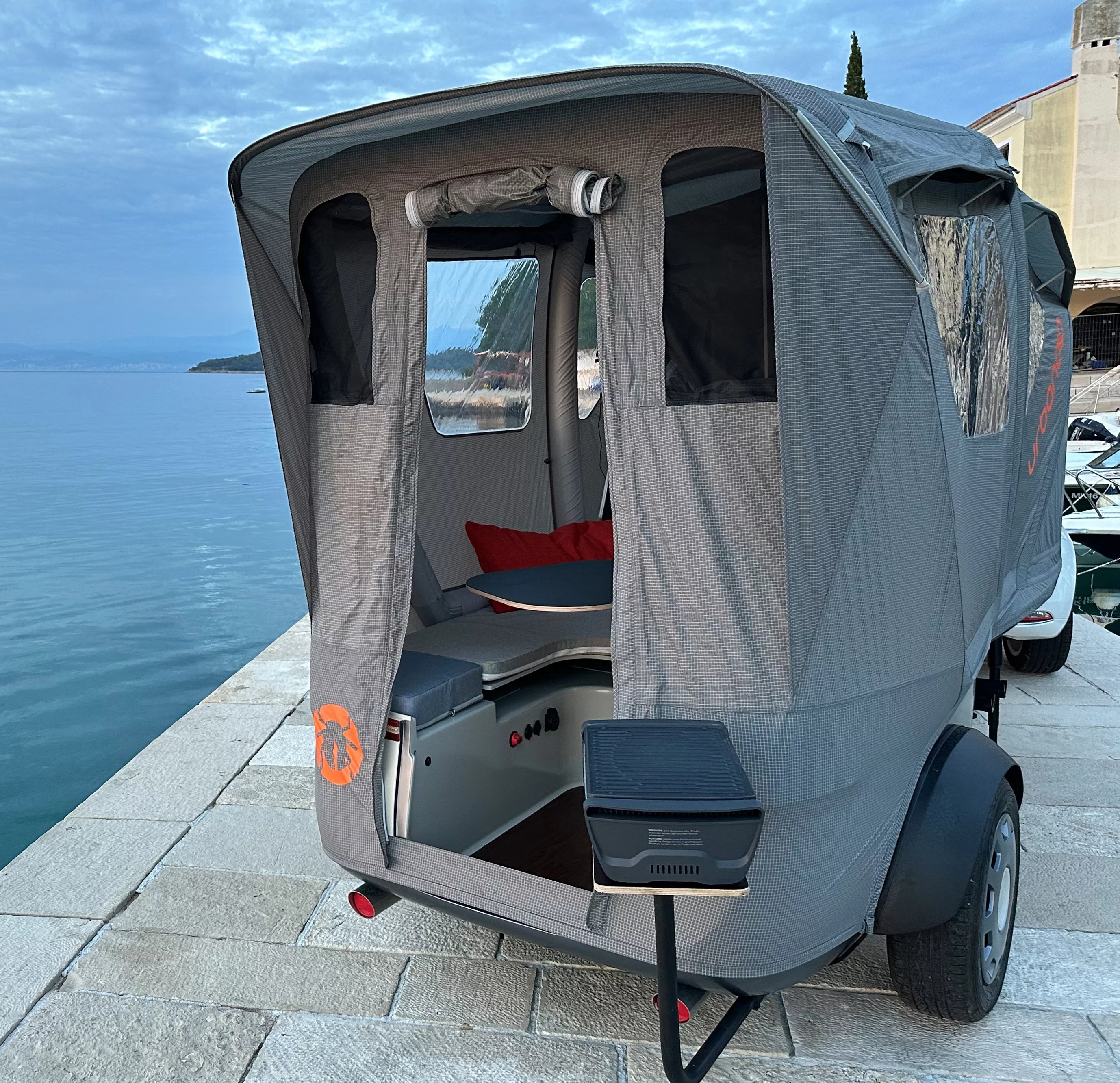 The Booba doesn't offer a kitchen, but the available BBQ swing-out makes it easier to cook at camp