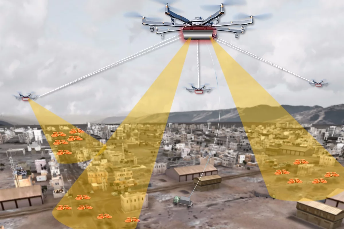 Artist’s concept shows elements of a notional Aerial Dragnet system – several UAS carrying sensors form a network that provides wide-area surveillance of all low-flying UAS in an urban setting