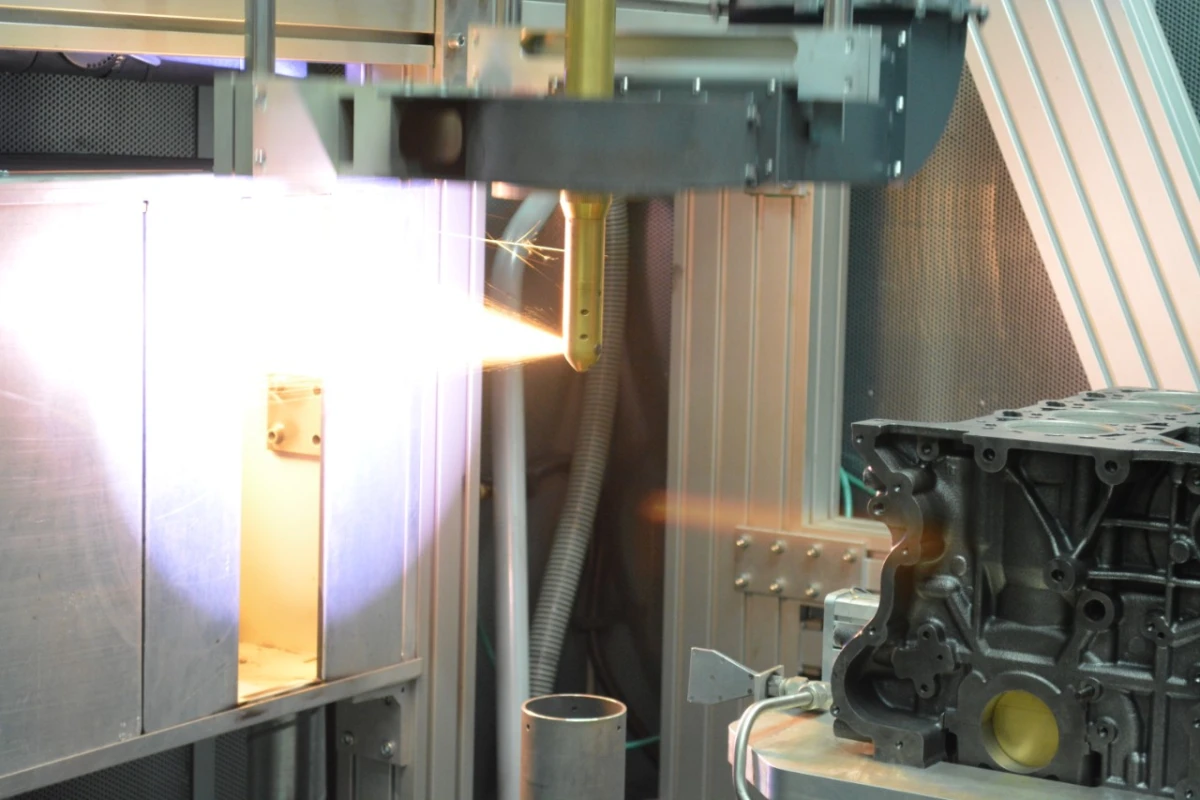 The Plasma Transferred Wired Arc (PTWA) thermal spray process applies a coating to an engine block, which helps bring it back to near-original condition