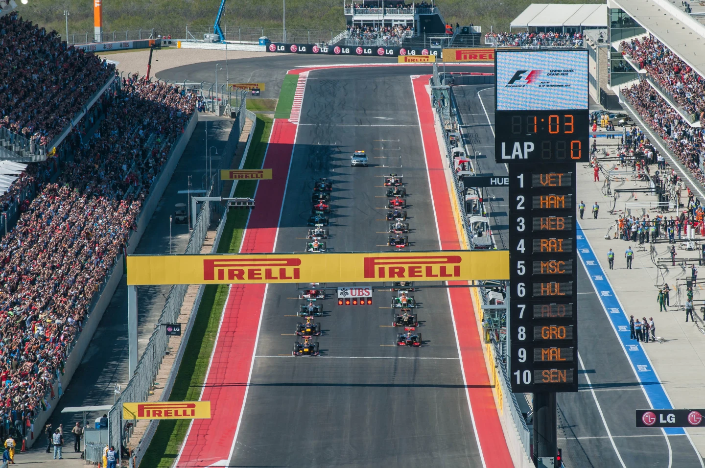 The F1 Cars lined up for the starting grid of the US Formula 1 Grand Prix (Photo: Circuit of the Americas)