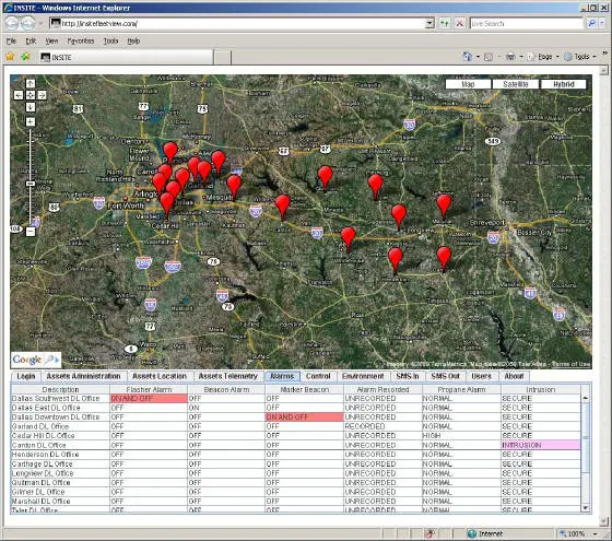 An example of an asset status display on Google Maps, using the Insite PGAMS system