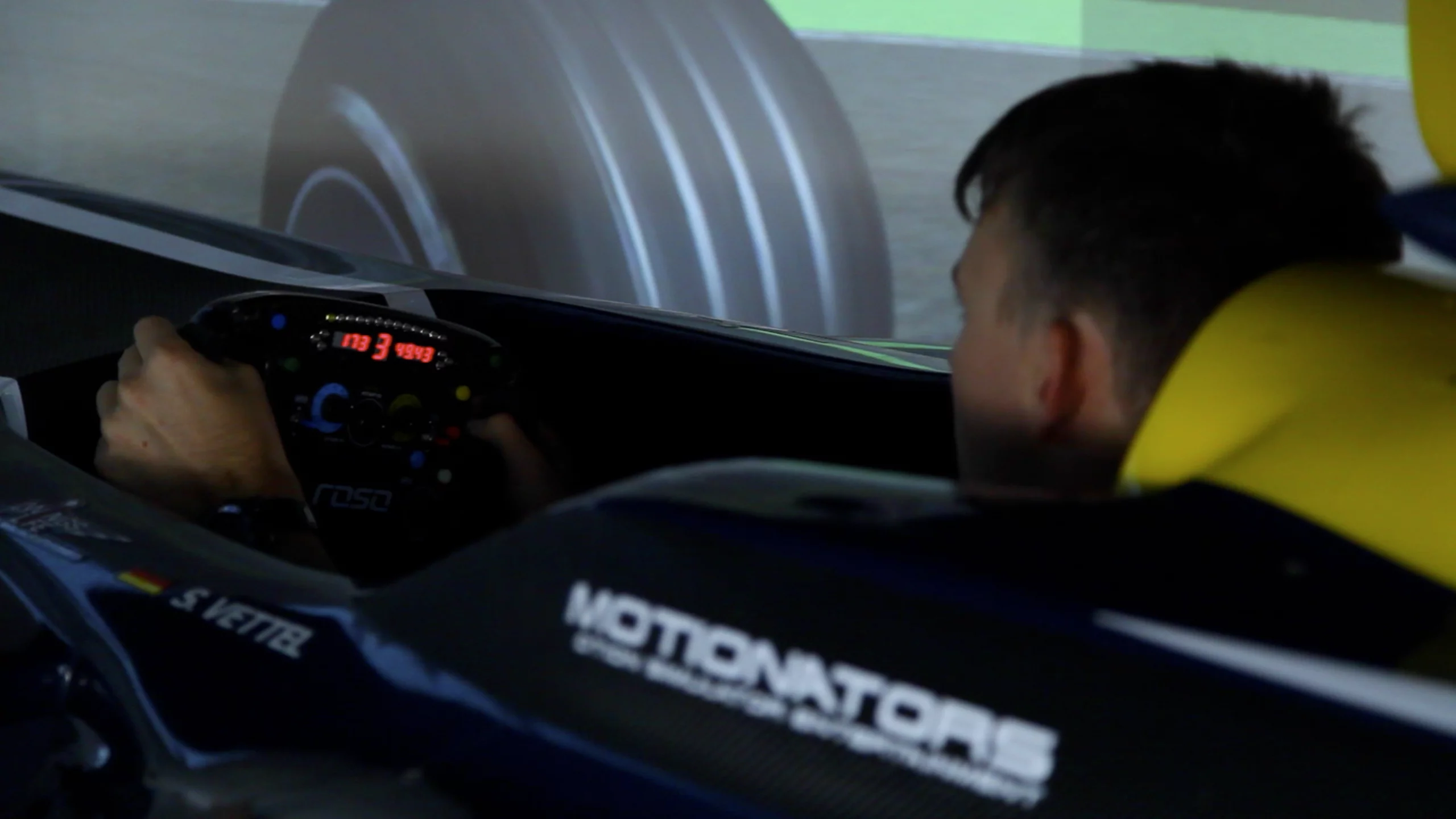 F2000 racer Scott Andrews in the Motionators simulator