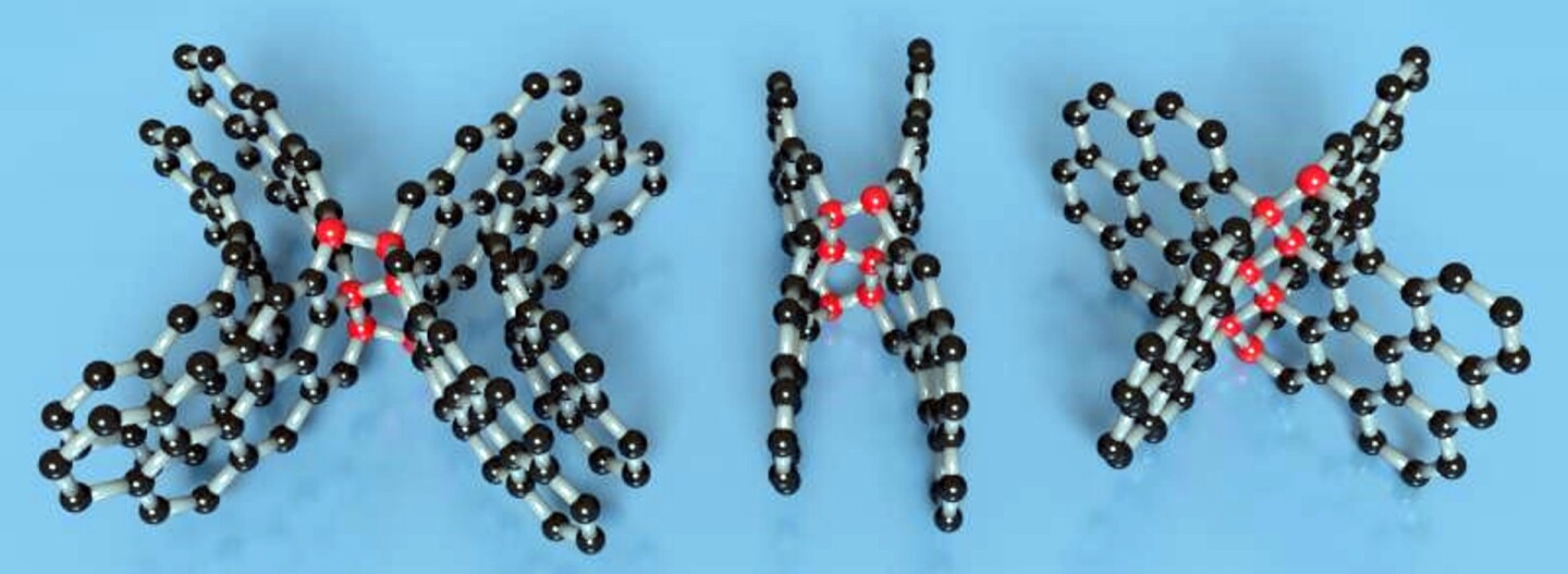 A visualization of the different types of diamond-like linkages (red spheres) formed at curved surfaces or between the layers of graphene (black spheres)