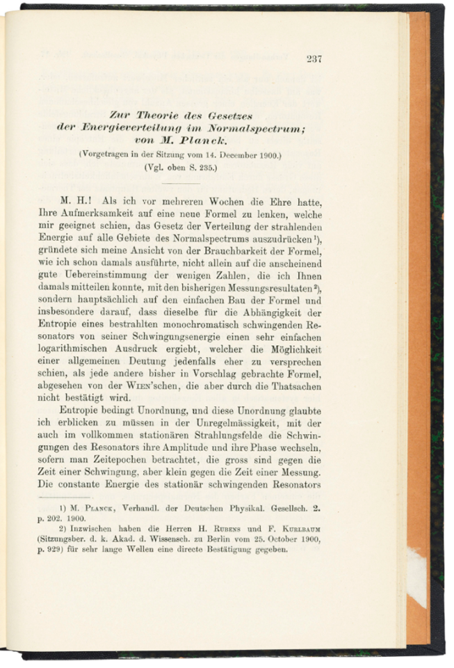 Zur Theorie des Gesetzes der Energieverteilung im Normalspectrum by Max Planck (1900) | Auction Description | Estimate: $8,862 to $12,660 | Auction Date: July 9, 2019