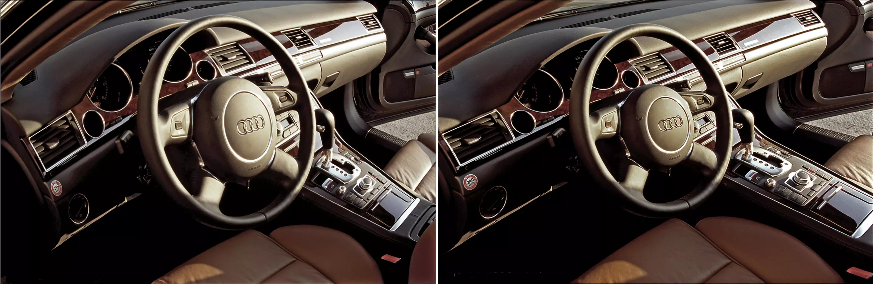 Before and after photos of an Audi's dash and steering wheel