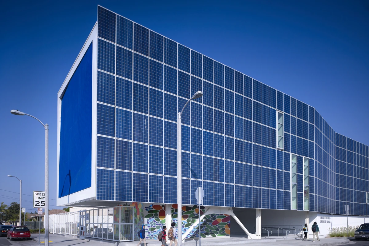 Green Dot Animo Leadership High School in Inglewood, Los Angeles, features a dramatic external solar wall