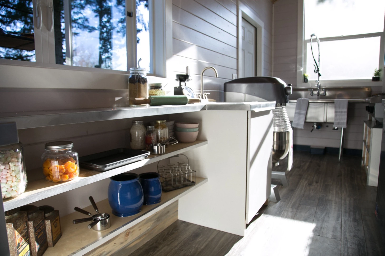 The Kentucky Donut Shop's kitchen includes built-in shelving