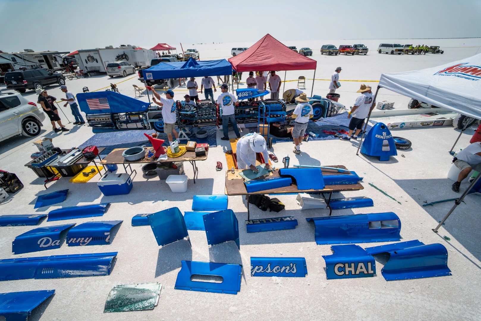 Crew members work on the Challenger 2 streamliner at Speed Week 2018
