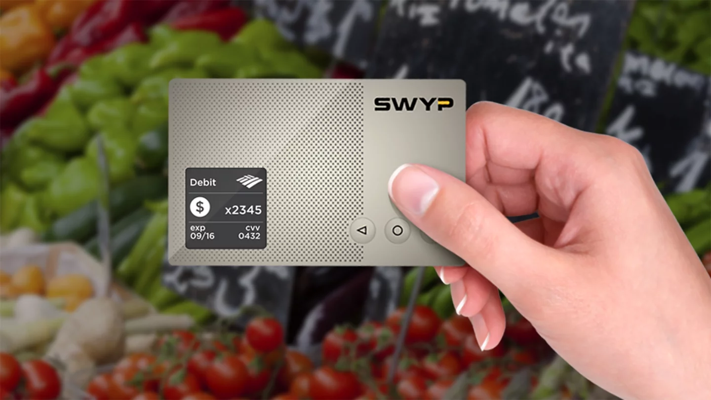 Swyp allows users to switch between stored cards using the physical scroll buttons, with the built-in display showing information for the chosen payment method