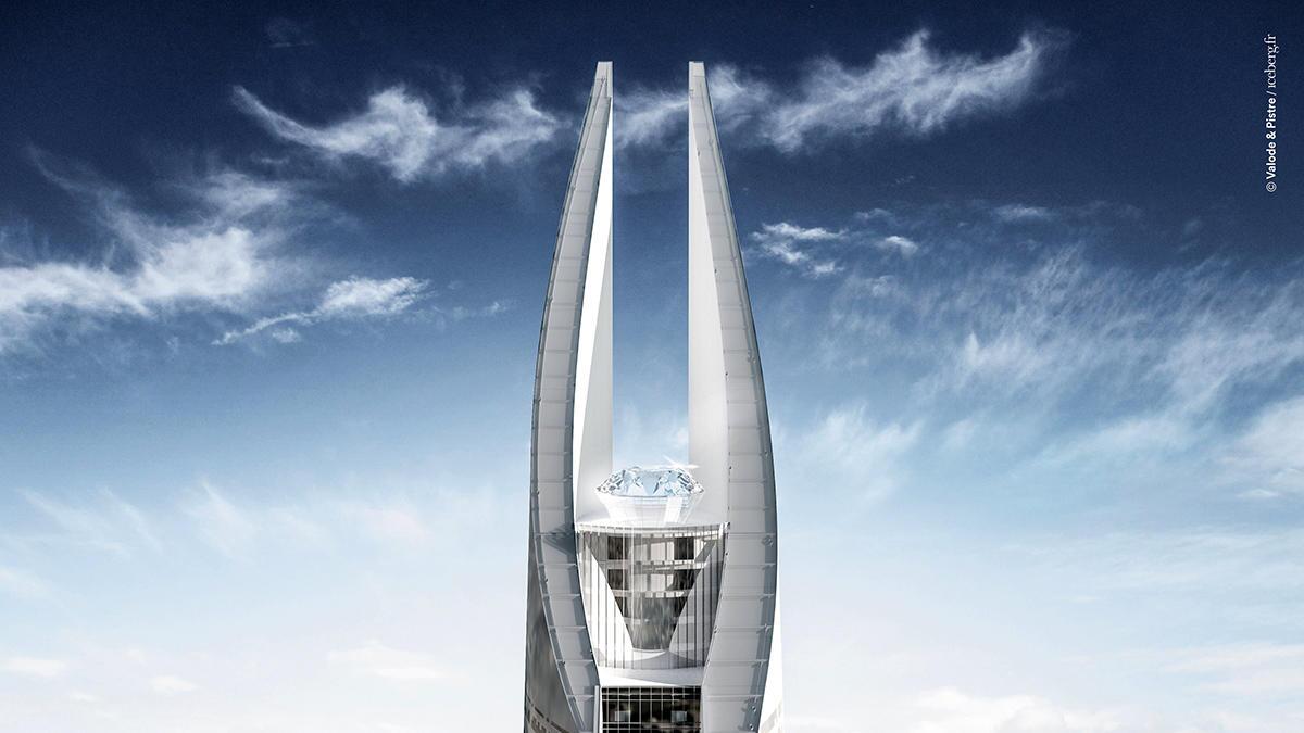 The building tapers upwards into two blades