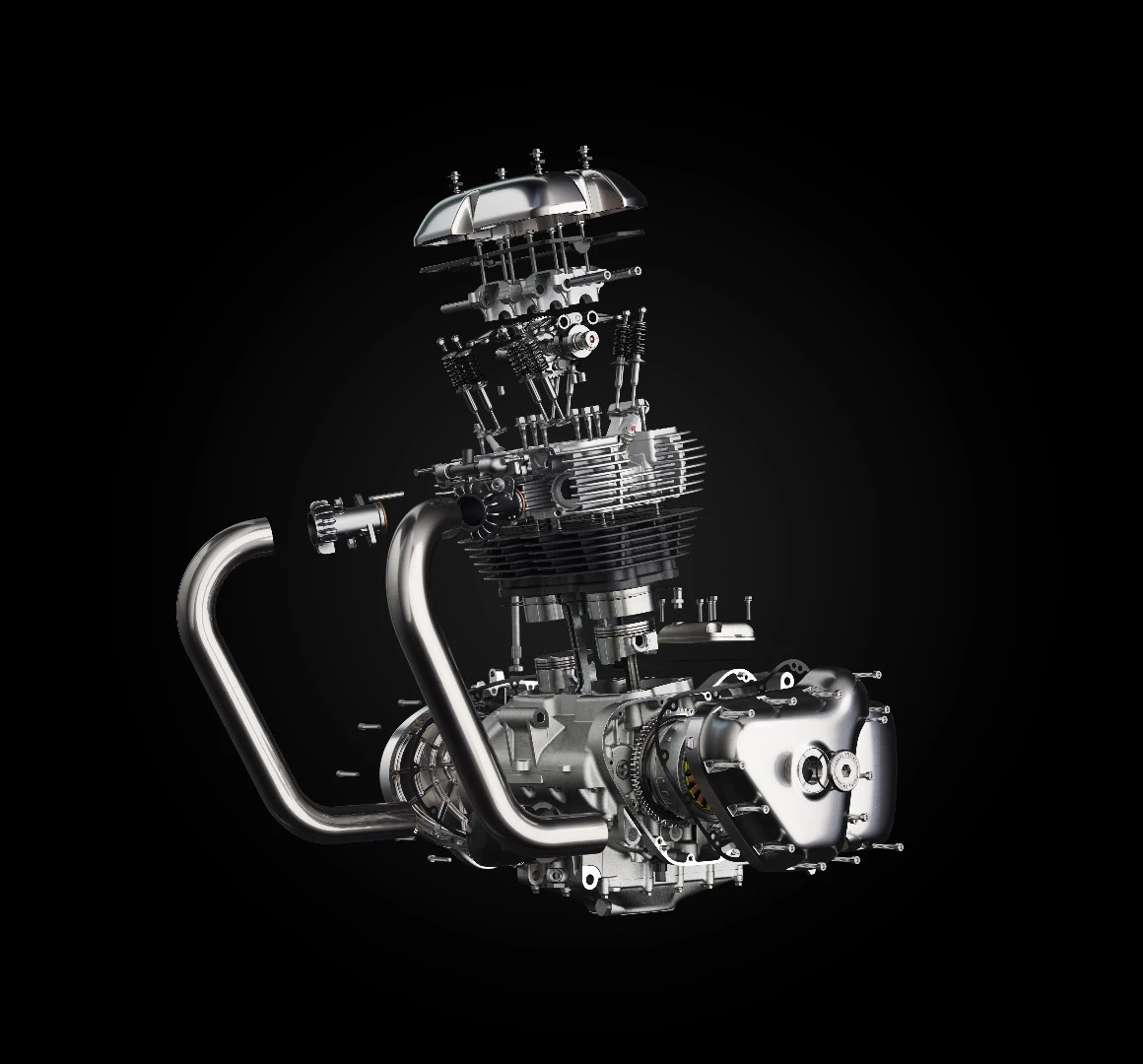 Looking at the engine side-on, you could be forgiven for thinking it was just a typical Royal Enfield single cylinder