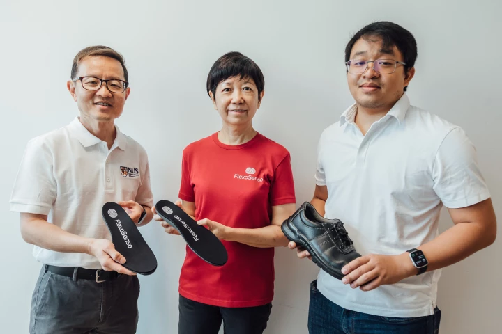 (From left) The National University of Singapore’s Prof. Lim Chwee Teck, alongside FlexoSense's Chia Lye Peng and Mark Francis De Leon