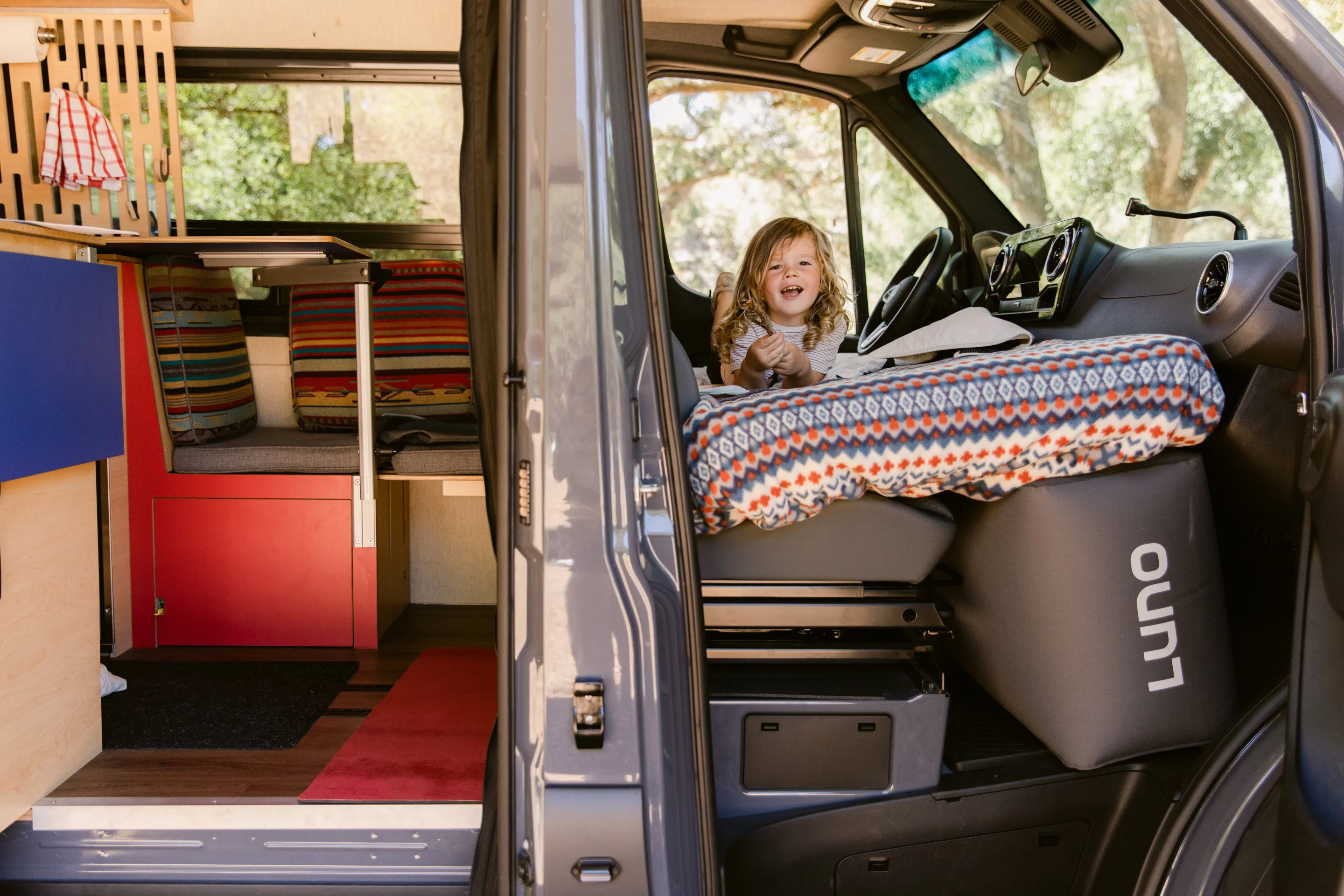 Many camper vans are built with just one double bed, so Luno offers an extra bed for kids, smaller adults and pets