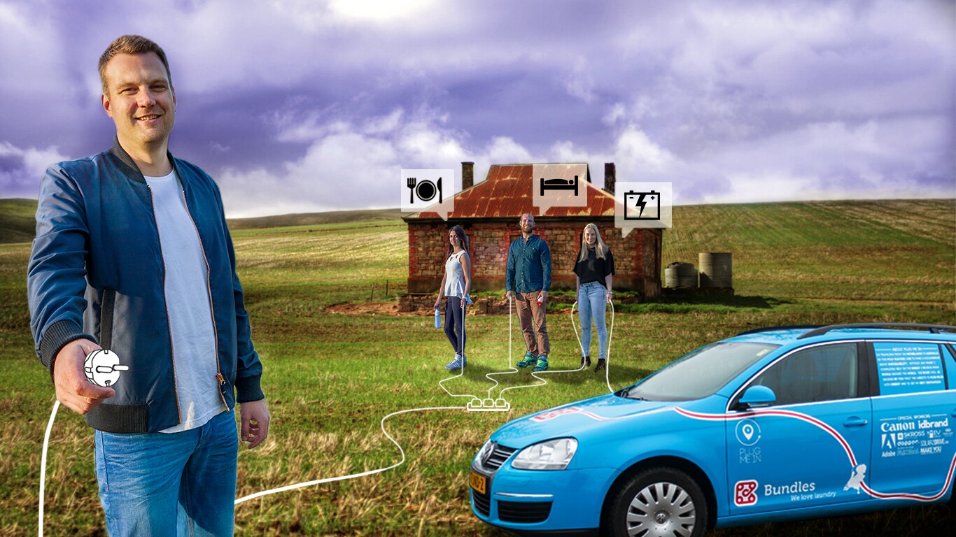 Supporters of the Plug In Project can offer Wiebe Wakker food, shelter or somewhere to charge his Blue Bandit electric car