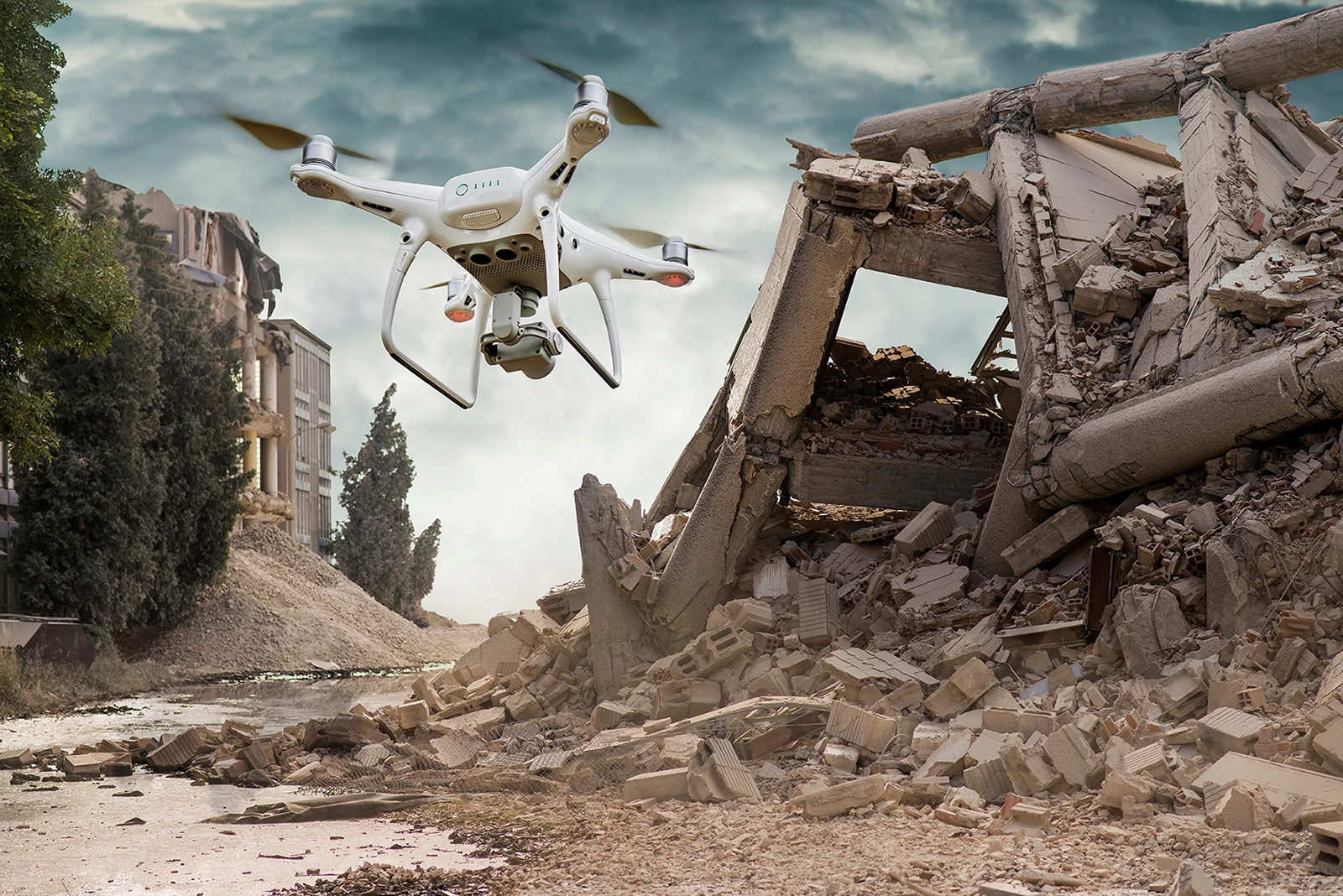 Aerial drones equipped solely with cameras or other optical systems (pictured) can't do much to locate survivors who are buried under rubble or obscured by thick smoke