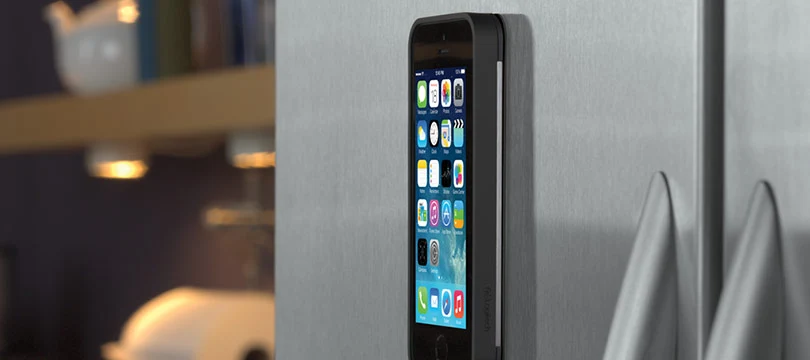 The +tilt add on features a magnetic mount for attaching a phone to any metal surface