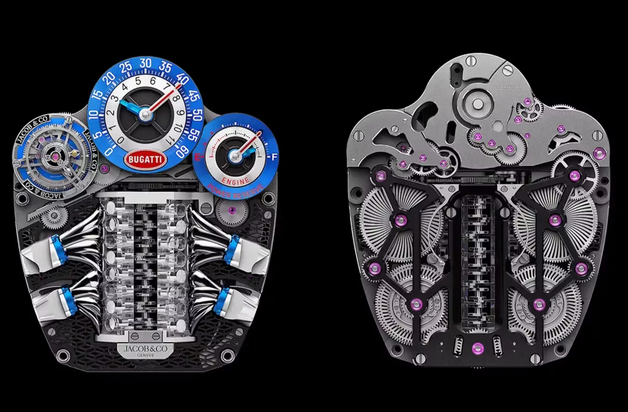 The complexity of the Jacob & Co Bugatti Tourbillon watch, front and back