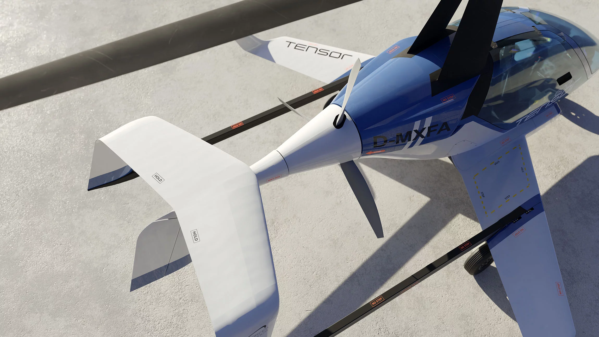 Pusher prop on the back of the cabin provides forward propulsion