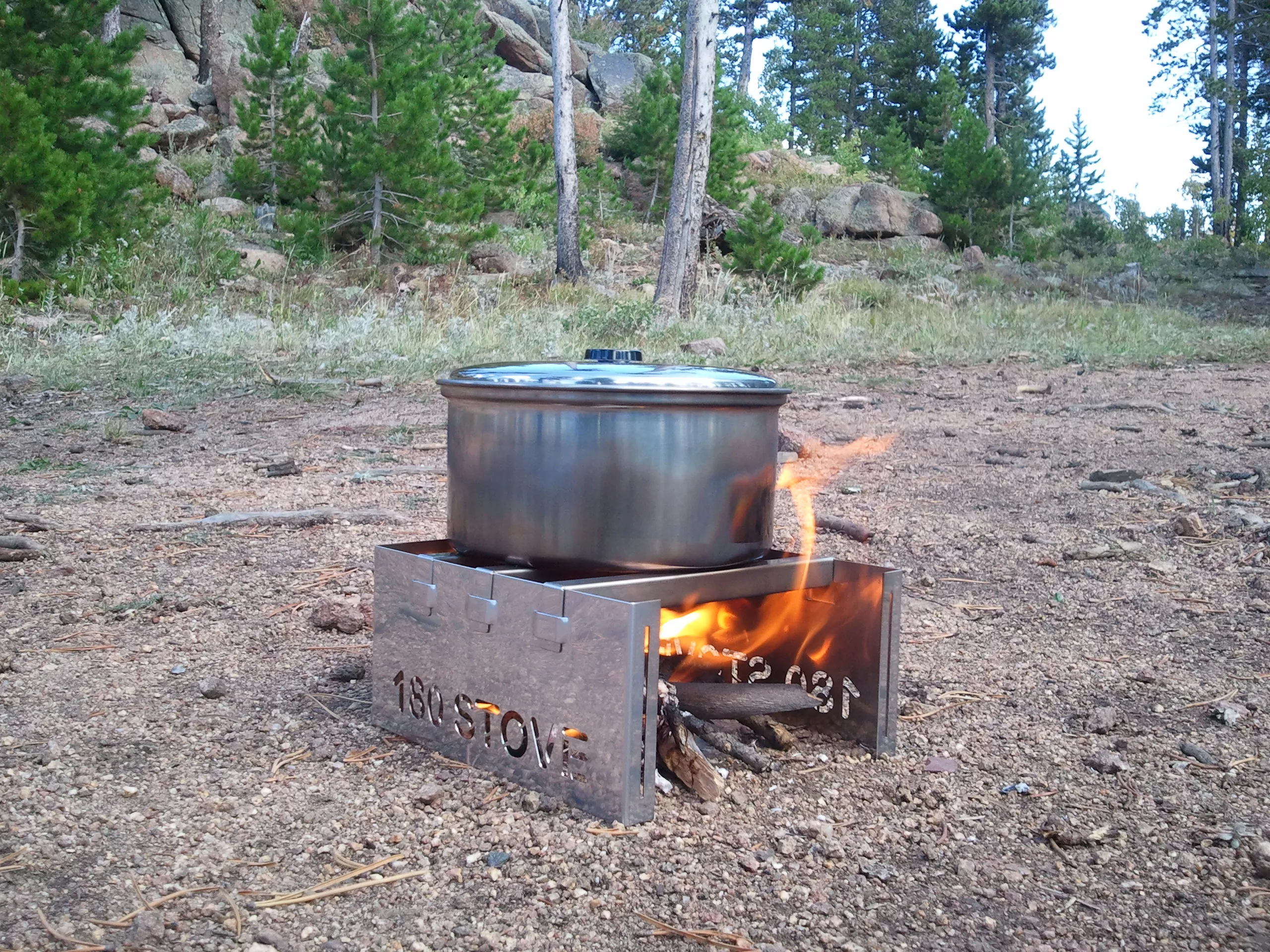 The 180 Stove vents and protects your fire so that it's focused on the pot above
