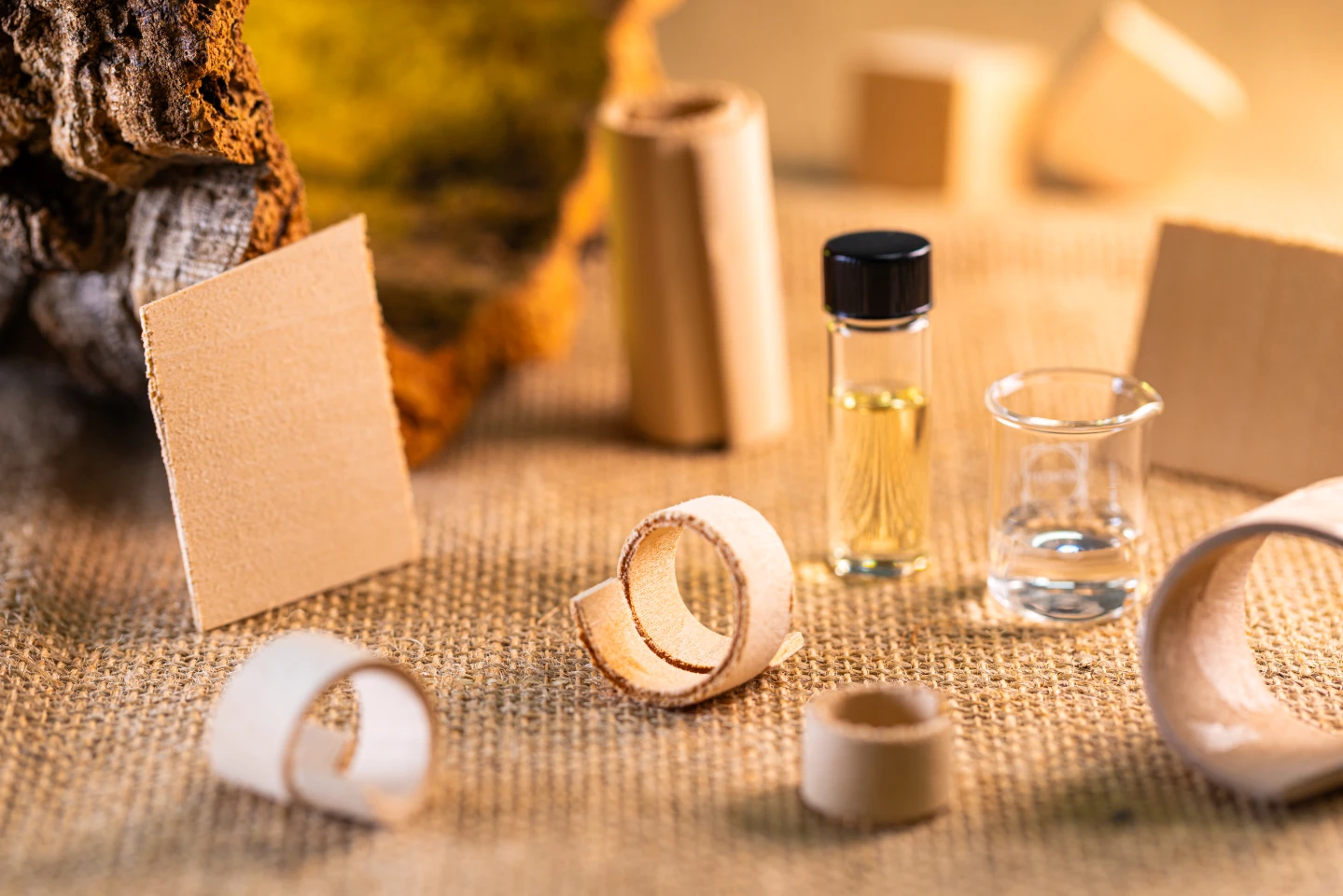 Examples of thin sheets of wood that were made flexible and permanently curled via the process, alongside containers of the key ingredients – Cyrene and water