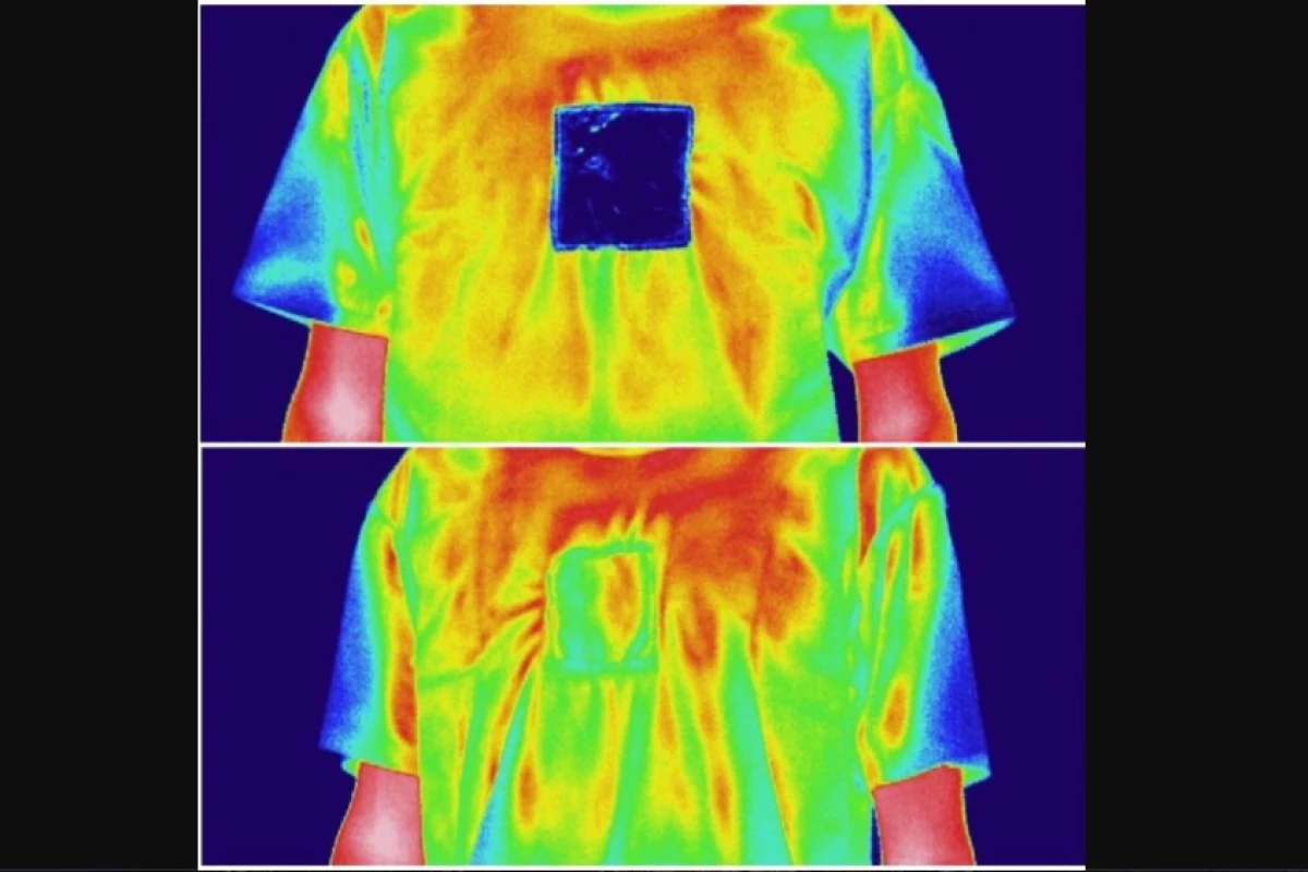 Set against an ordinary cotton T-shirt, a square of the textile either traps body heat or reflects solar heat, depending on which side is facing outwards