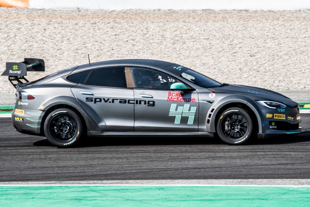 The race-ready Tesla P100DL took to the track at Circuit de Barcelona-Catalunya, before being officially presented to the media in central Barcelona