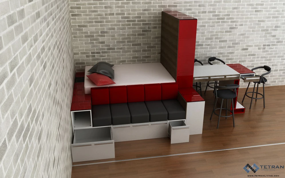 Tetran consists of a variety of standardized modules, blocks and cushions that can be fitted together to create just about any item of furniture you can think of, or even room-filling amalgamations custom designed to suit the user's personal needs