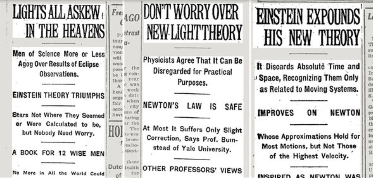 Newspapers across the world picked up the story of Lord Rutherford measuring the distortion of light through an eclipse and Einstein, his most unlikely theory vindicated, became a global celebrity overnight – the above clippings are from the New York Times dated November 10, November 16 and December 3, 1919.