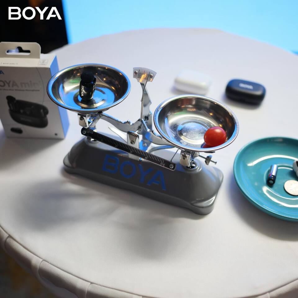 The Boya mini wireless microphone appears to be lighter than a cherry tomato at the global launch in Jakarta, Indonesia, this week