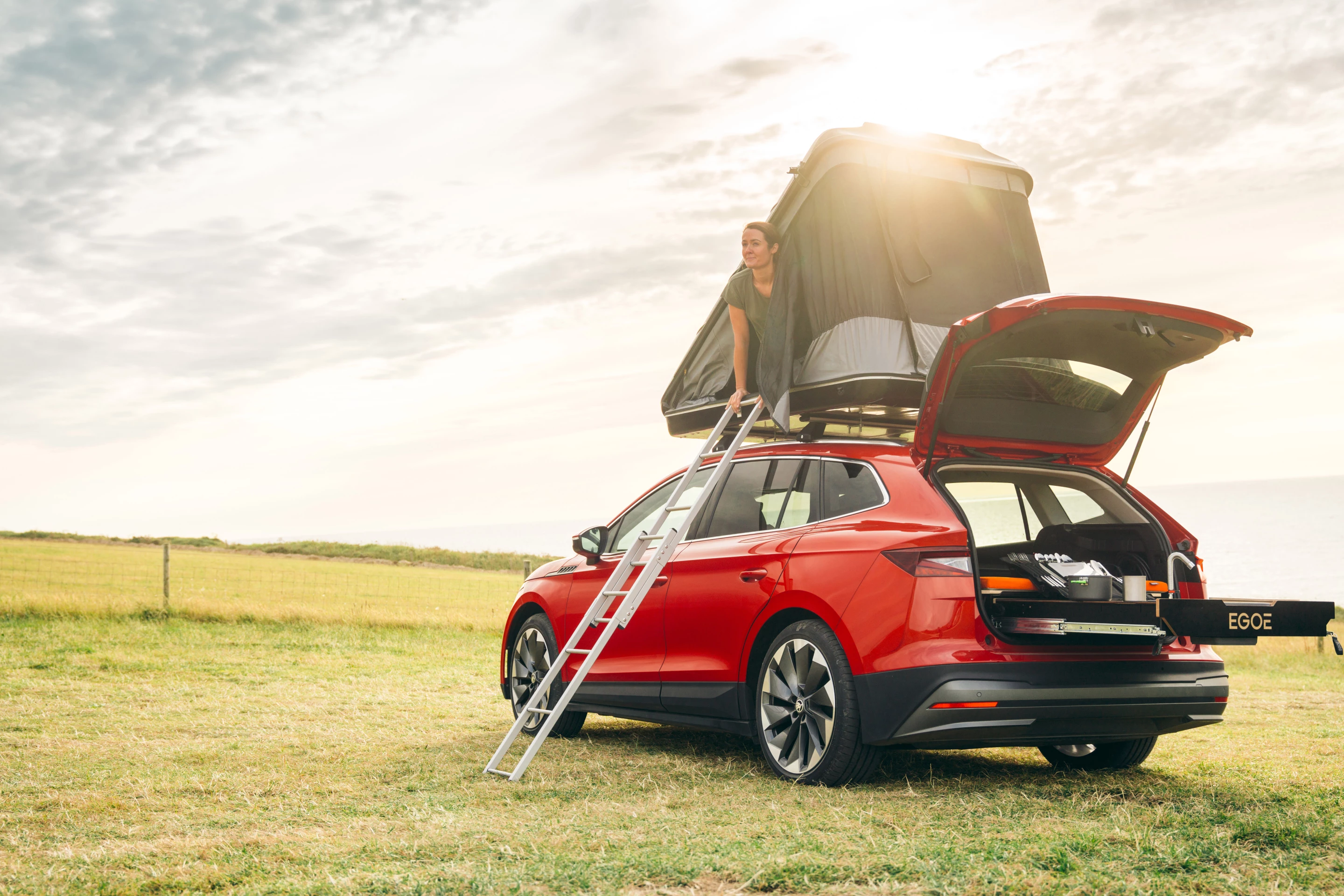 Skoda says the rooftop tent includes a built-in solar-powered fan, storage netting and an integrated torch