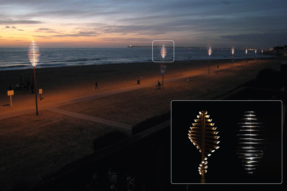 The Flow vertical turbine concept features bamboo blades with an LED at each tip to provide light whenever the wind blows