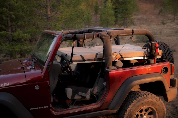The Oryx Platform can be a comfy open-air sleeping setup or an interior micro-camper bed, depending on whether the roof and doors are off or on