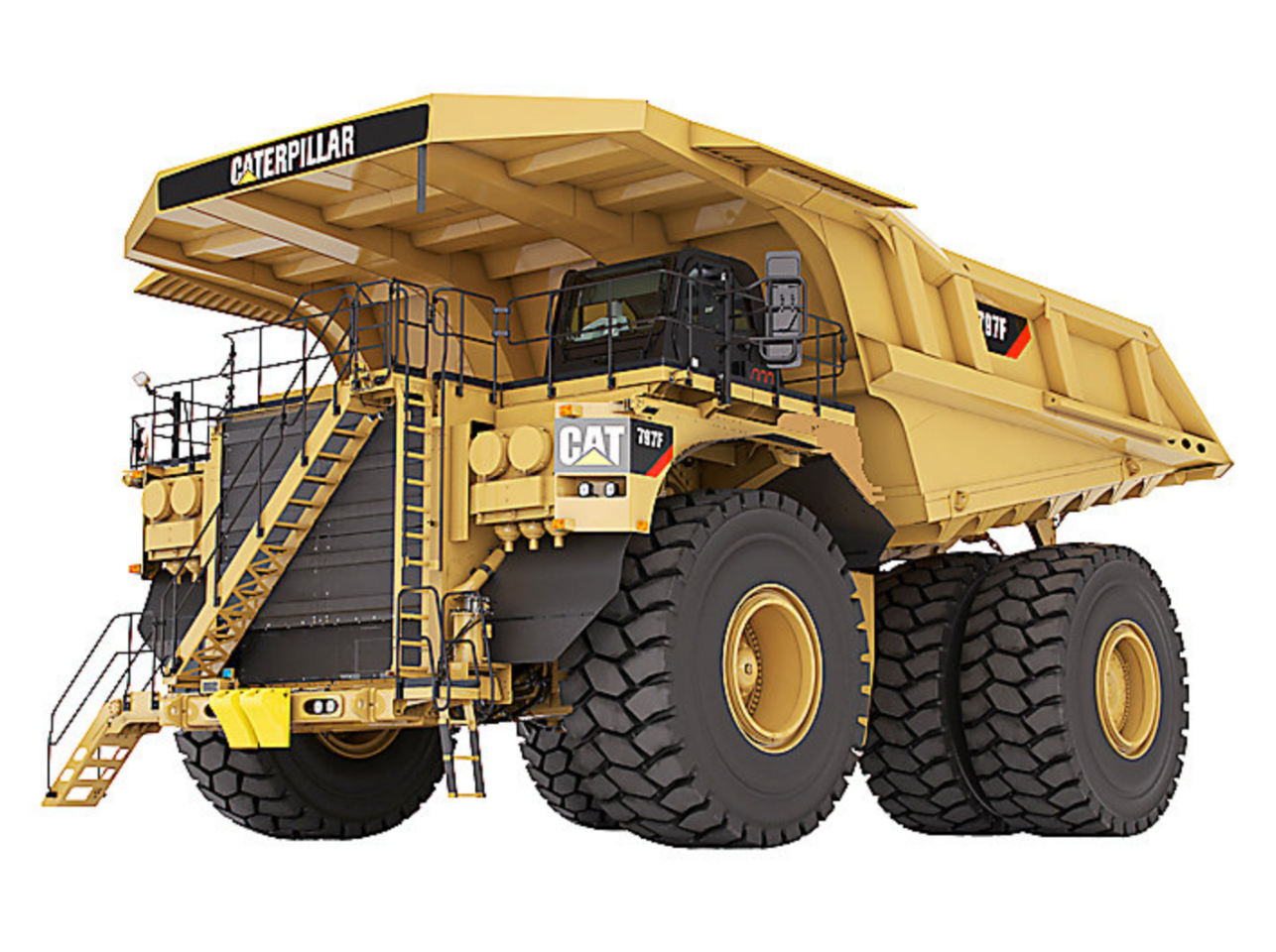 The monstrous 25-foot-tall Caterpillar 797F mining truck with its 13-foot-tall standard pneumatic tires