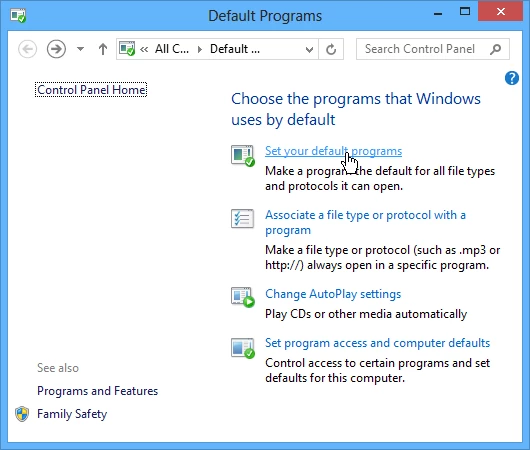Set your default programs is the quickest way to set file associations