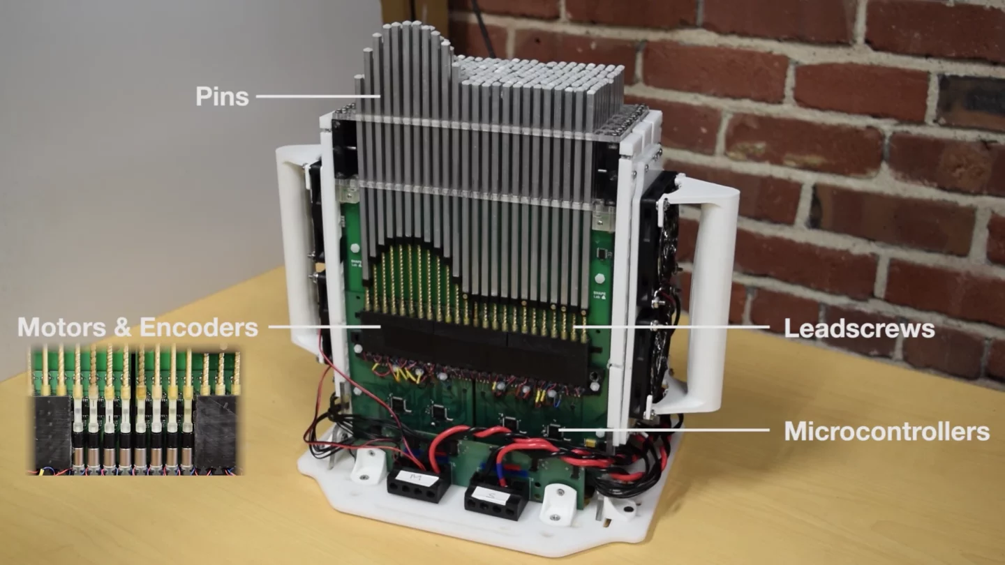 Each pin moves up and down independently to create a topography to match what you're looking at in the VR goggles